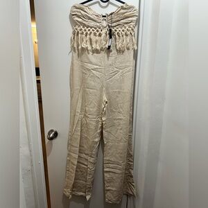 Fashion Nova Strapless Tassel-Trim Beige Jumpsuit